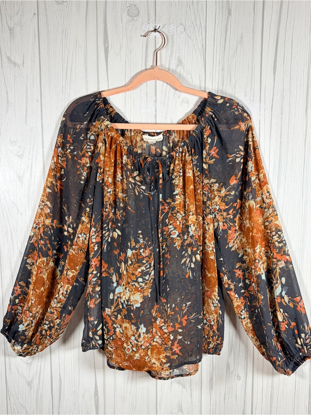 LOVESTITCH Oversized Floral Chiffon Peasant Blouse Long Balloon Sleeves, S/M